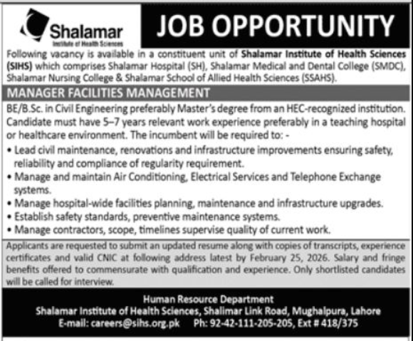 Shalamar Institute Of Health Sciences Lahore Apply Jobs 2026