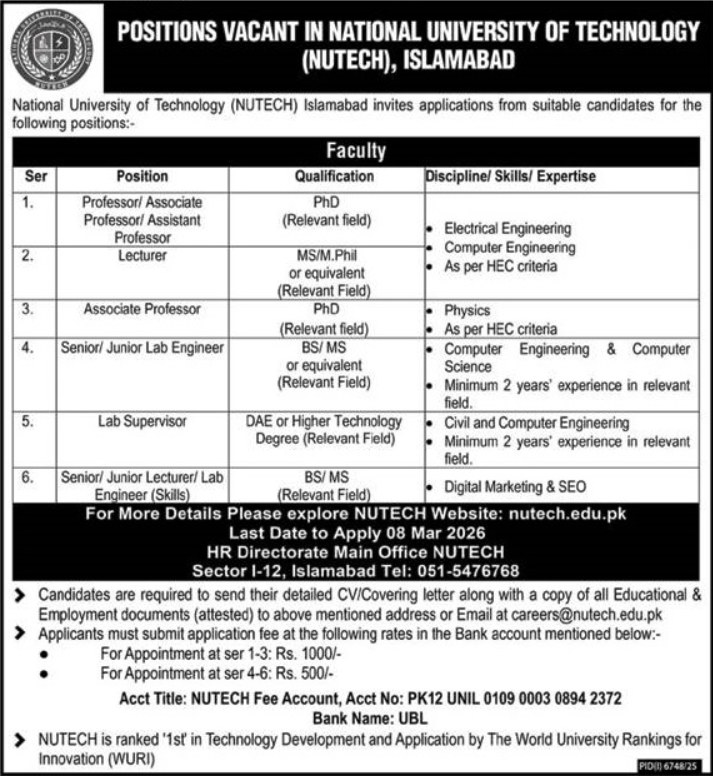 National University Of Technology NUTECH Islamabad Jobs 2026