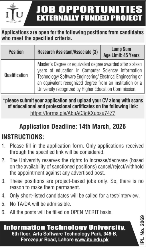 Information Technology University ITU Lahore Jobs 2026