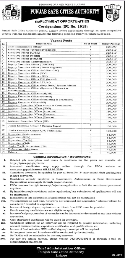 PSCA Punjab Safe Cities Authority Lahore Jobs 2026