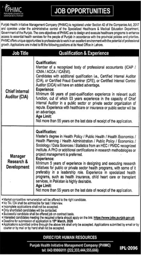 Punjab Health Initiative Management Company Apply Jobs 2026