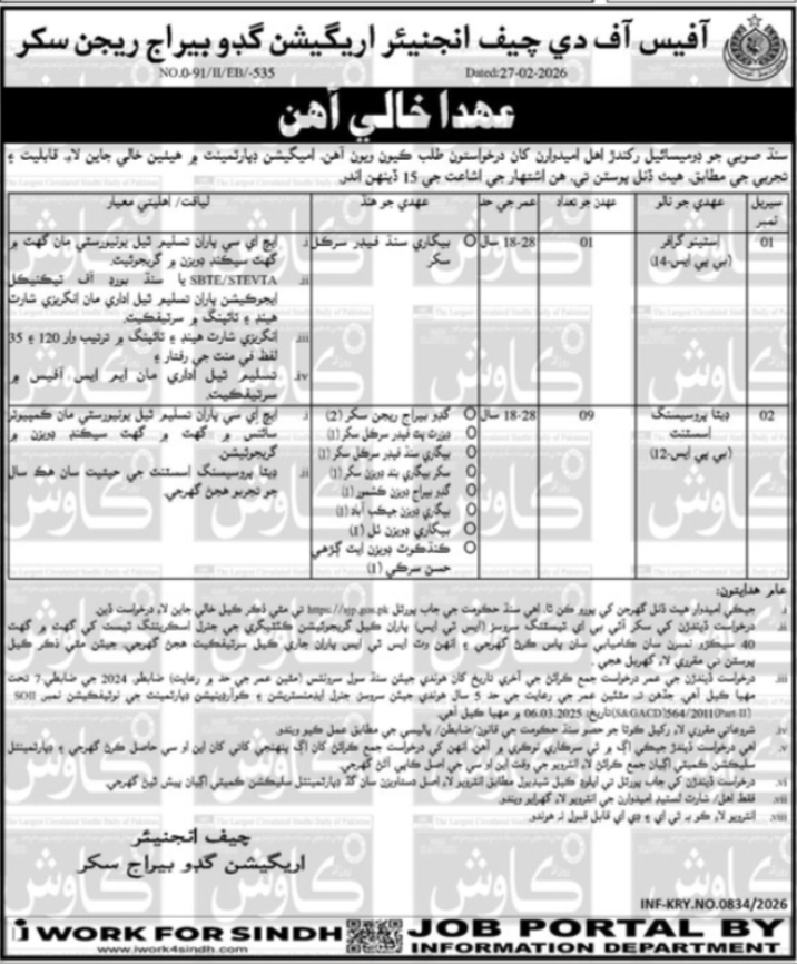Irrigation Department Sukkur Jobs 2026