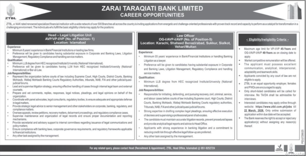 ZTBL Islamabad Apply Jobs 2026