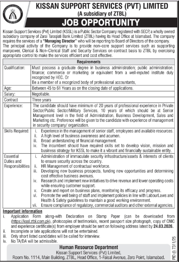 Kissan Support Services Pvt Limited Islamabad Jobs 2026